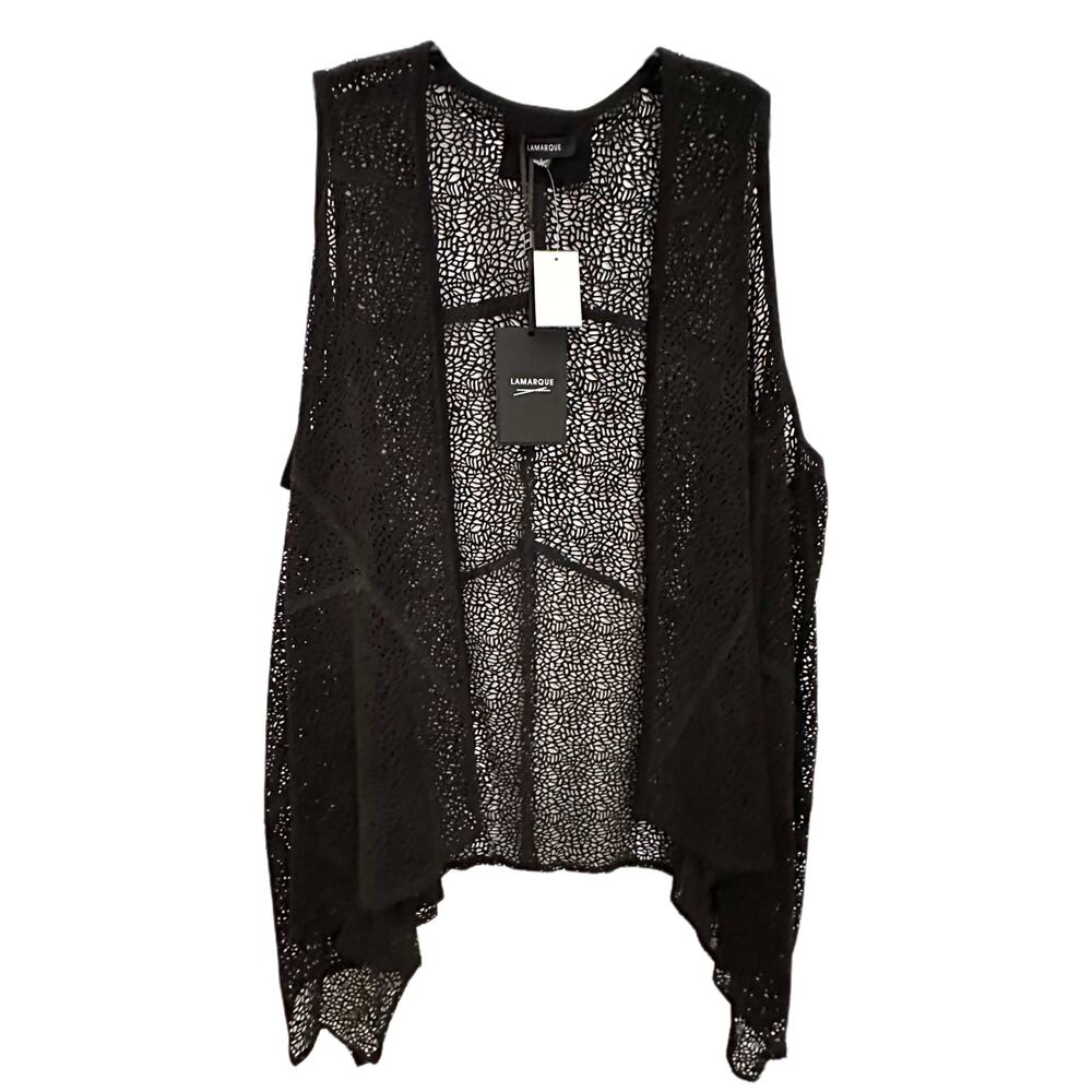 Lamarque black laser cut goat suede open front draped vest, size L